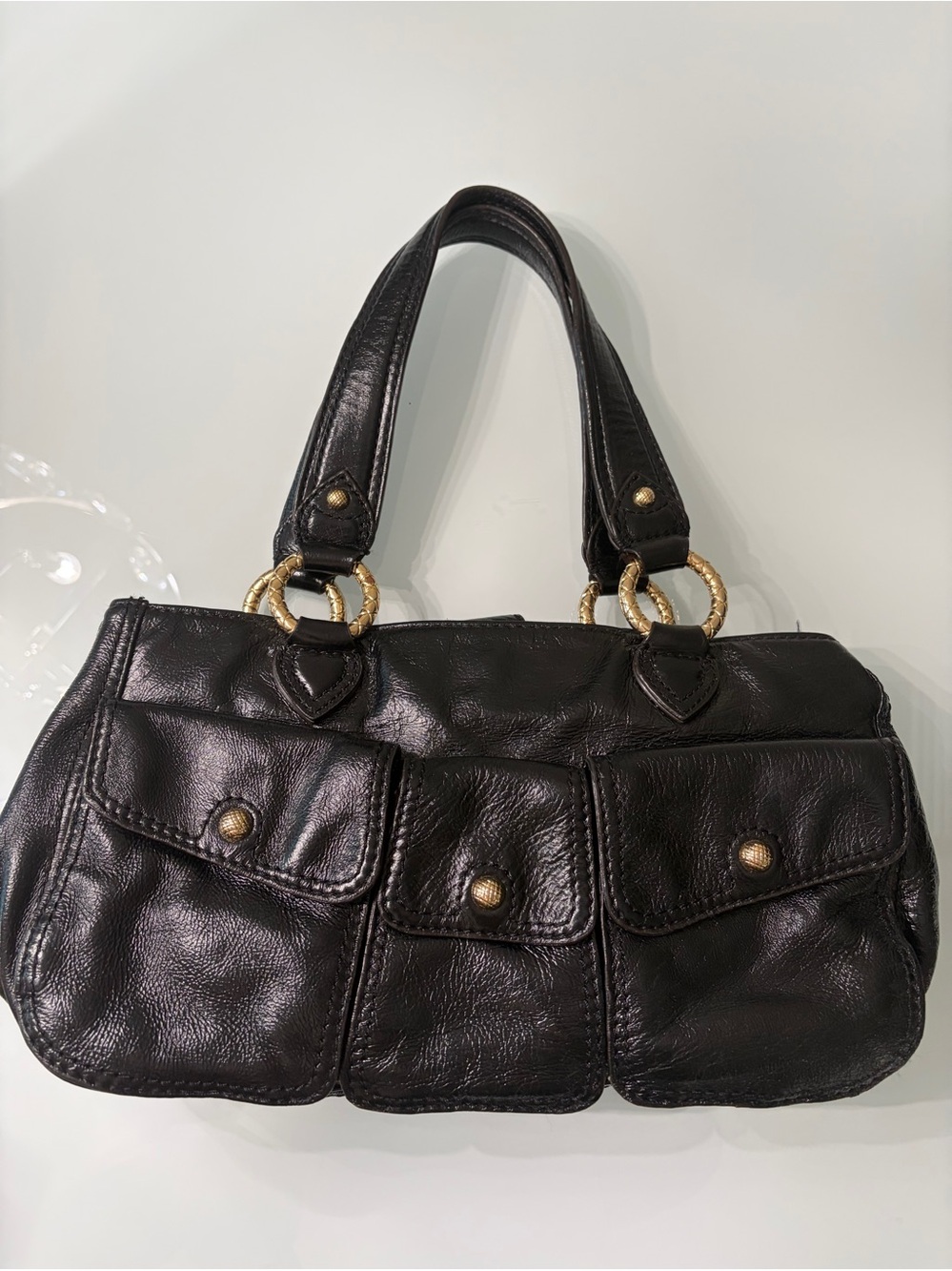 ANTONIO MELANI Black Leather Shoulder Bag with Gold Ring Hardware